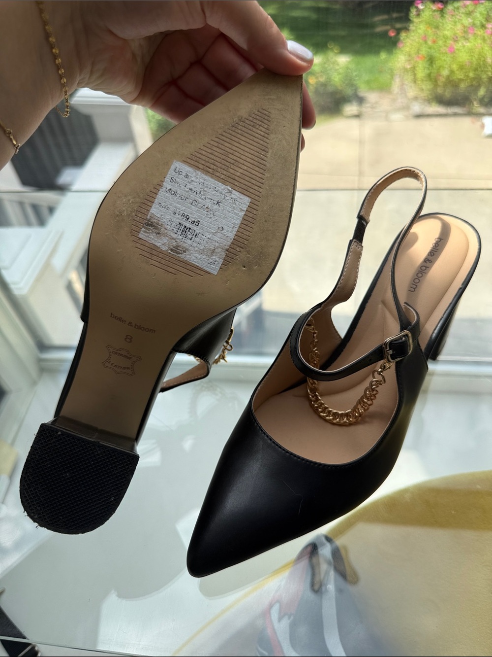 Belle & Bloom Black Pointed Slingback Heels with Gold Chain Accent - Picture 2 of 5